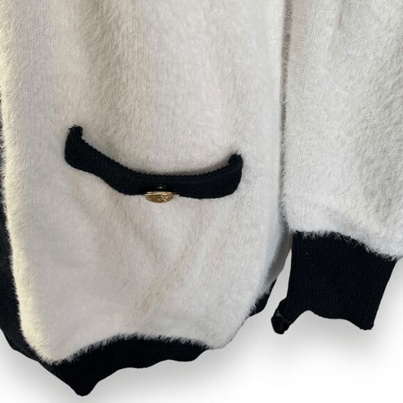 Boston Proper White Black Gold Button Colorblock V Neck Cardigan XS Fuzzy Plush - Picture 8 of 12
